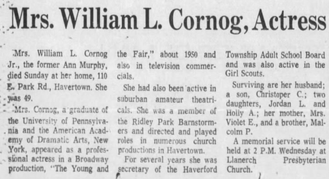 Mrs. Cornog dies